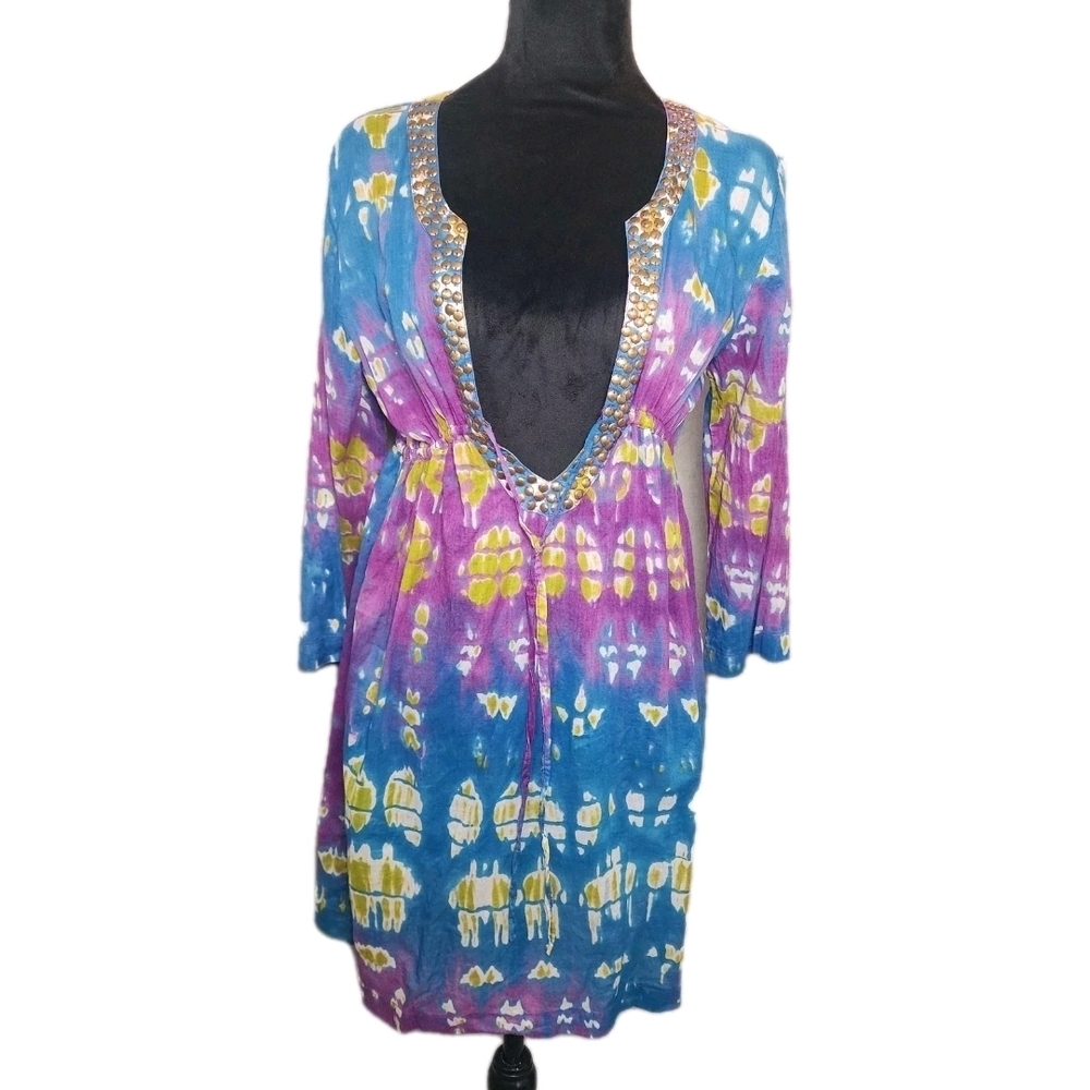 Blue Island Women's Sz M Tunic Embellished Tie Dye Boho Swim Resort Vacation